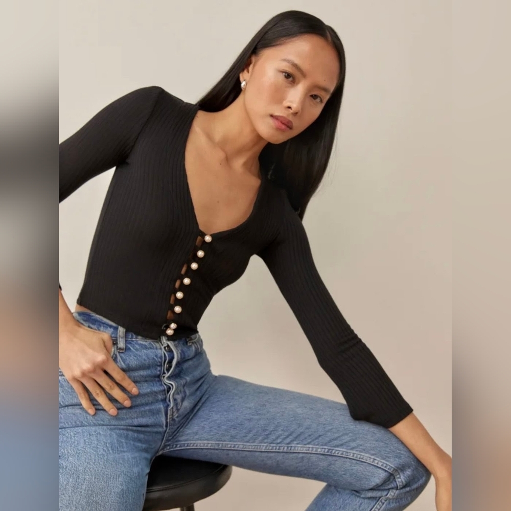 Reformation Gellar Black Ribbed Knit Cardigan SMALL - Picture 3 of 7